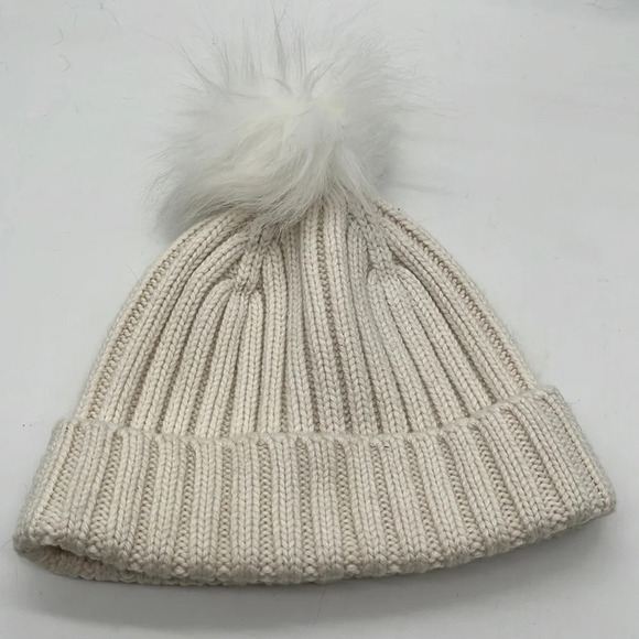 J. Crew Wool Blend Ribbed Pom Pom Beanie in Ivory - NEW - One Size - Picture 2 of 8